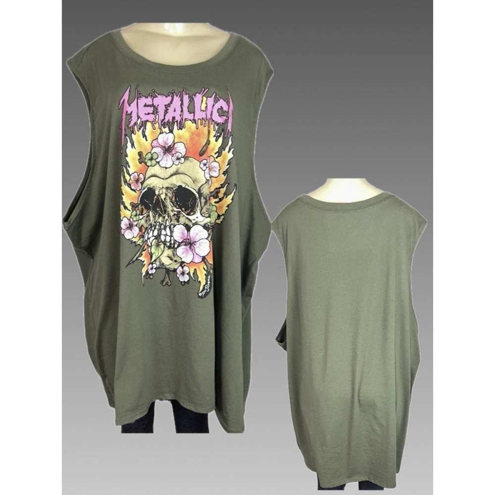 Metallica Plus 6X Skull Floral Name Logo Graphic Tank Top Olive Green Crew Neck